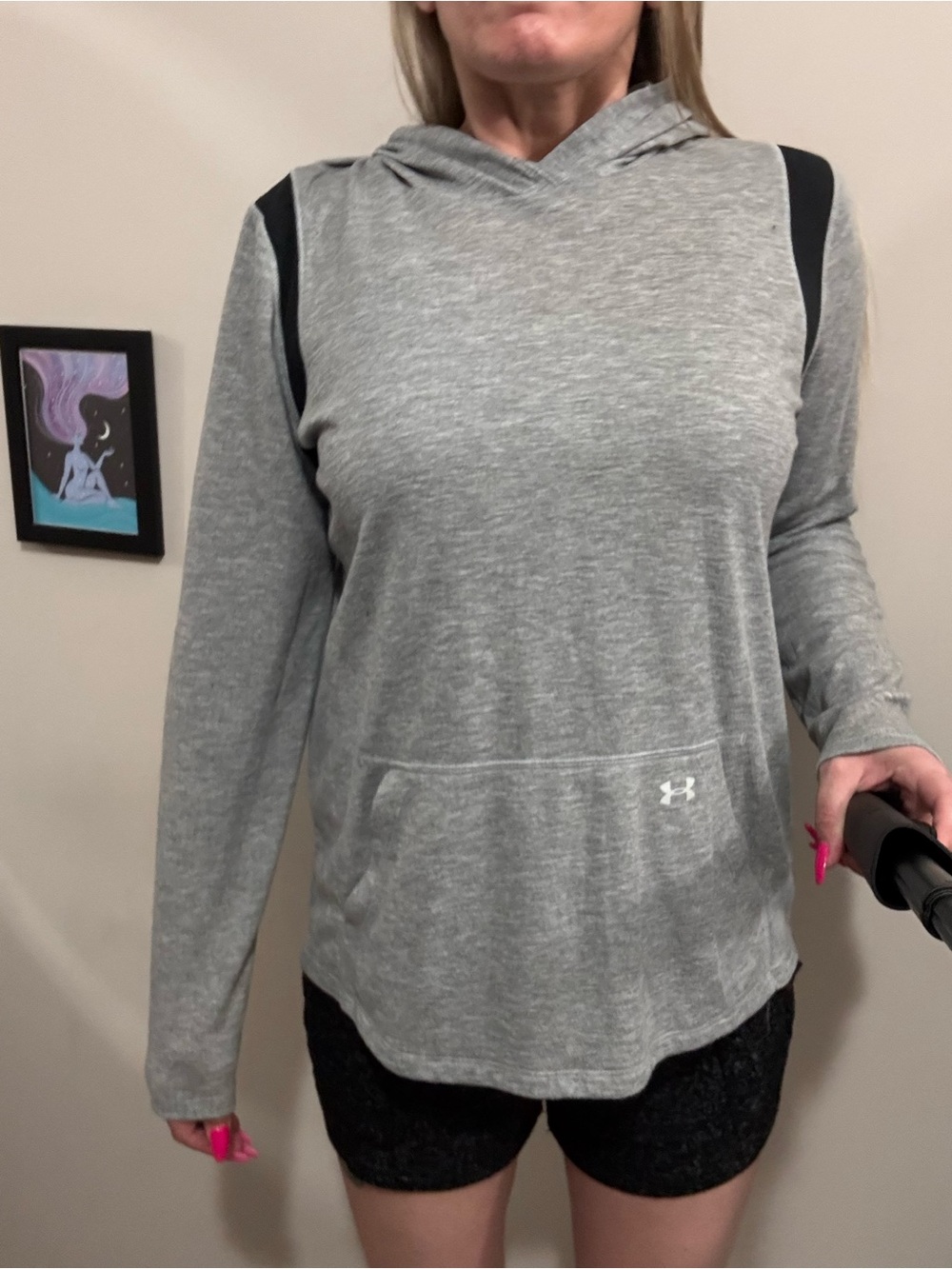 Under Armour Women's Light Gray Hooded Pullover with Black Shoulder Panels